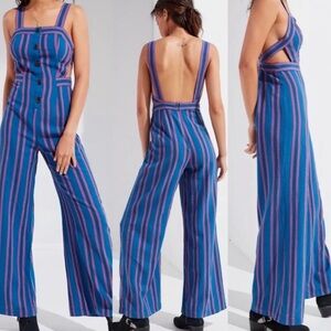 UO Ameliana Straight-Neck Button-Down Jumpsuit Linen Blend Blue Purple Size 10